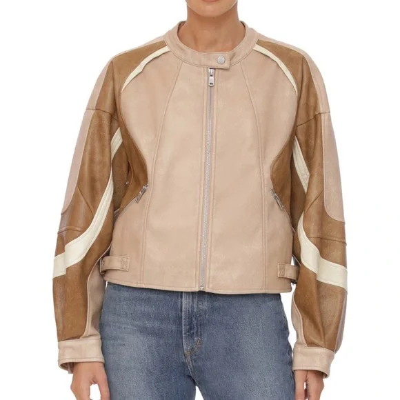 Avec Les Filles Faux Leather Racing Moto Bomber Colorblock Jacket NEW size Large - Picture 1 of 14